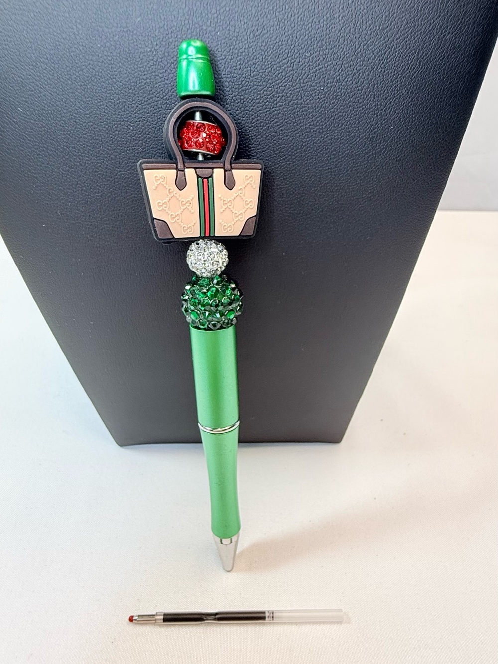Green & SilverDecorative Luxury Fashion Beaded Pen w/Rhinestone Accents & Refill